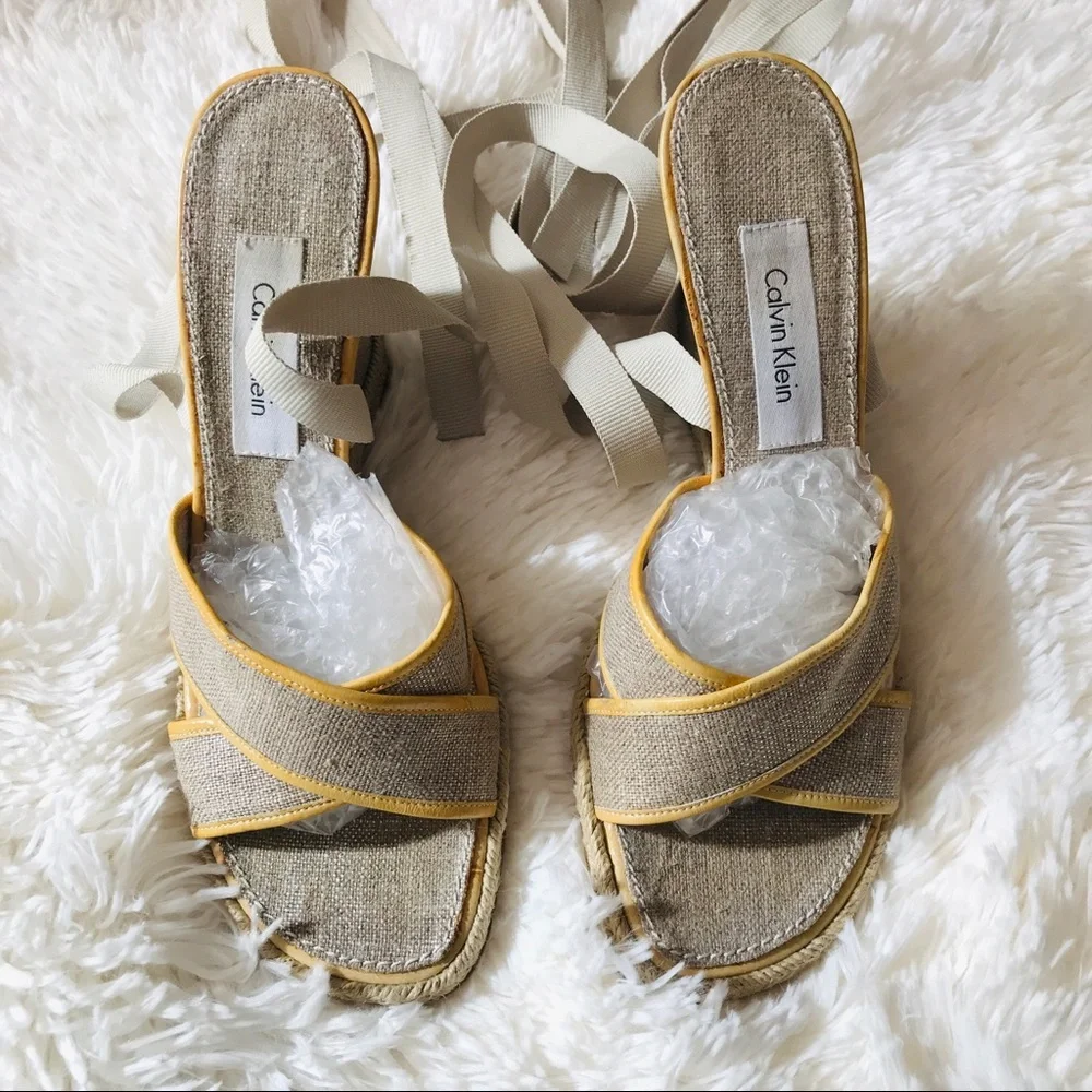 Calvin Klein Sandals Wrap Gladiator Wedge Platform Espadrille Tan Sz 6.5 Boho